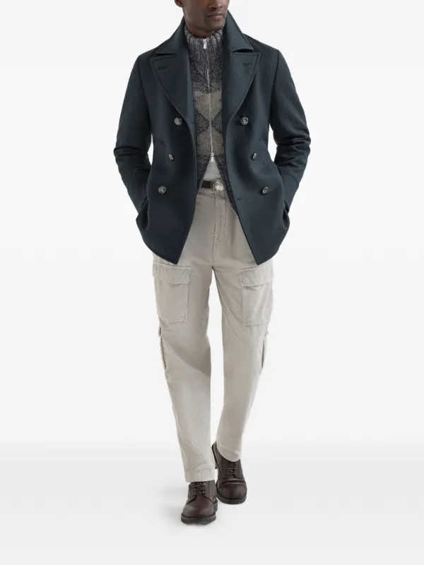 Brunello Cucinelli Wool And Cashmere Cavalry Pea Coat With Metal