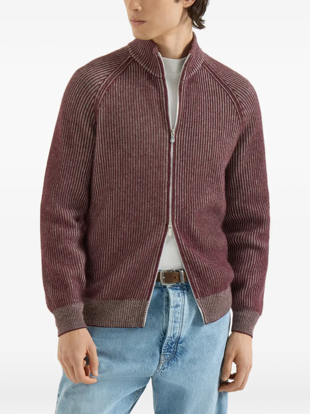 Brunello Cucinelli Kasjmier geribbeld vest met hoge hals en rits Rood