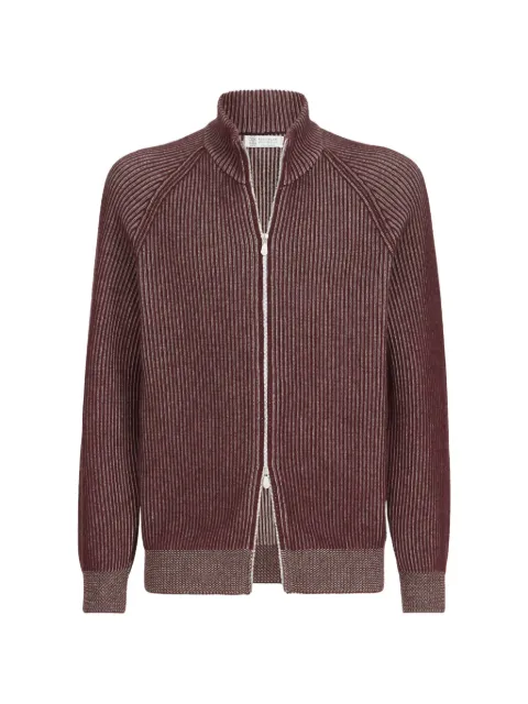 Brunello Cucinelli cashmere vanisé English rib high-neck cardigan with zipper