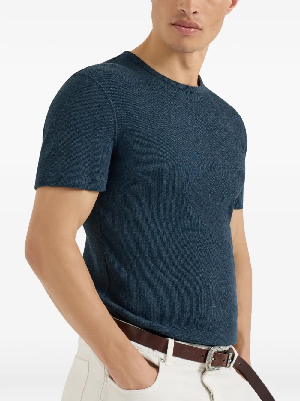 Brunello Cucinelli Katoenen jersey geribbeld T-shirt met ronde hals en denim-effect Blauw