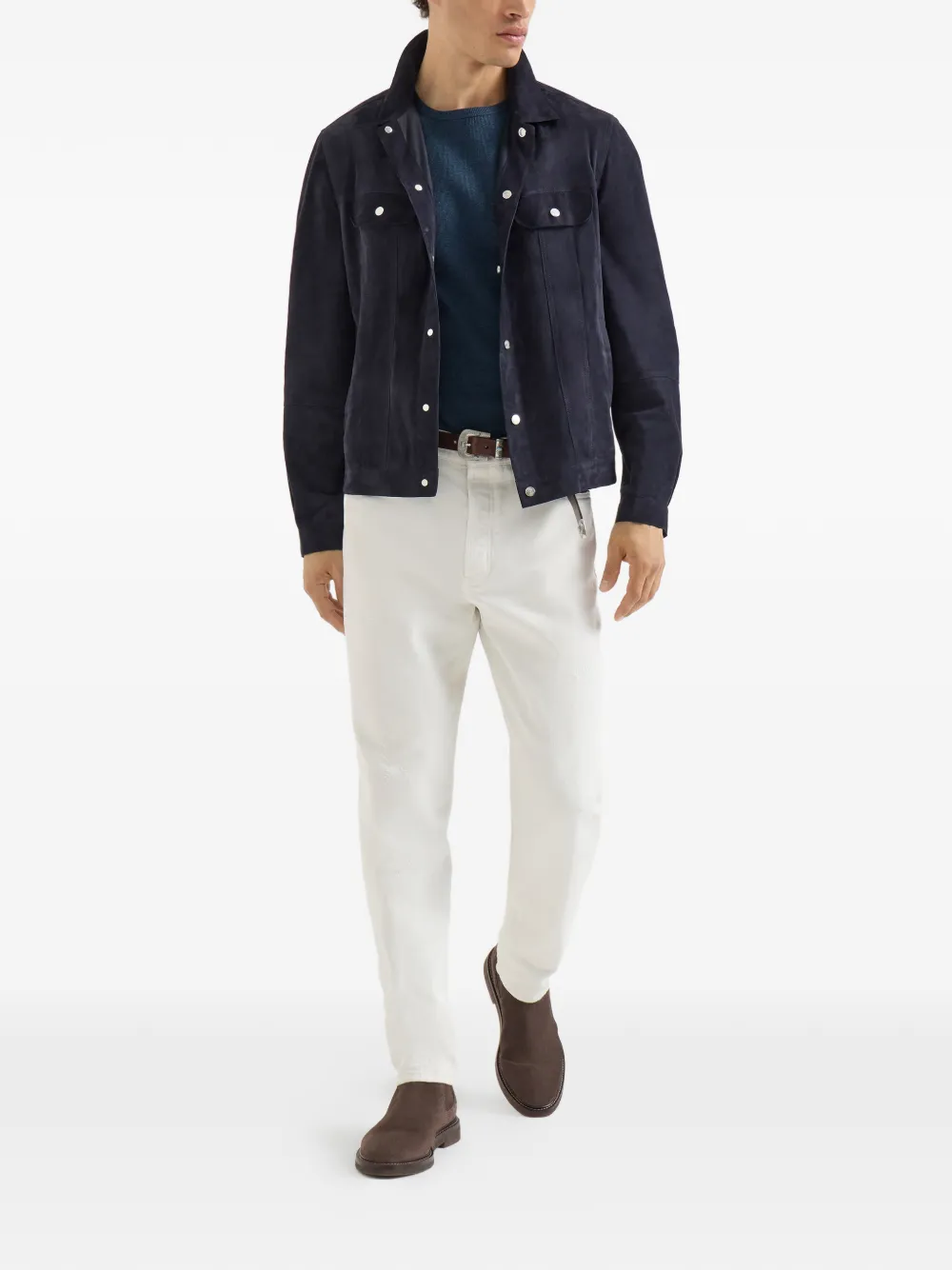 Brunello Cucinelli Katoenen jersey geribbeld T-shirt met ronde hals en denim-effect Blauw