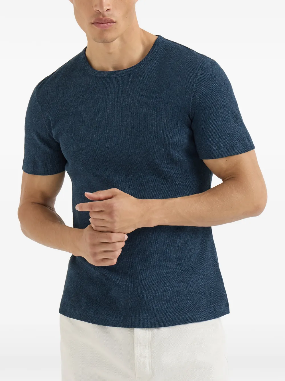 Brunello Cucinelli Katoenen jersey geribbeld T-shirt met ronde hals en denim-effect Blauw