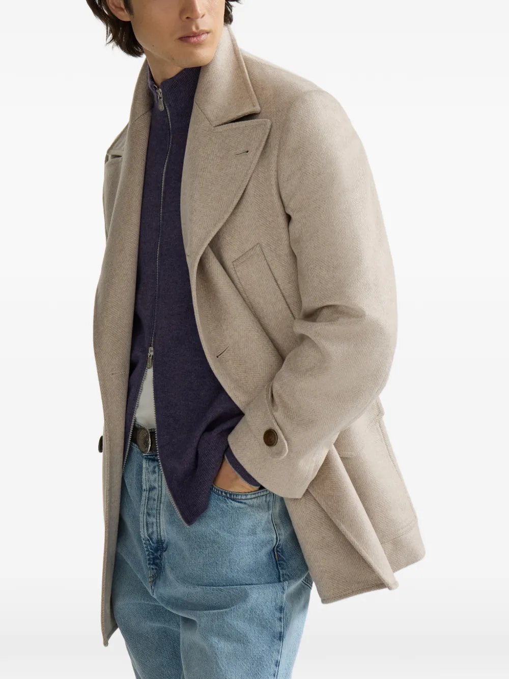 Brunello Cucinelli Kasjmier flanellen jas met vier zakken en chevron-streep Beige