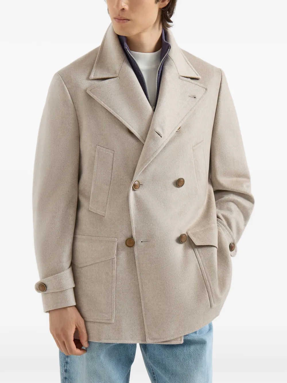 Brunello Cucinelli Kasjmier flanellen jas met vier zakken en chevron-streep Beige