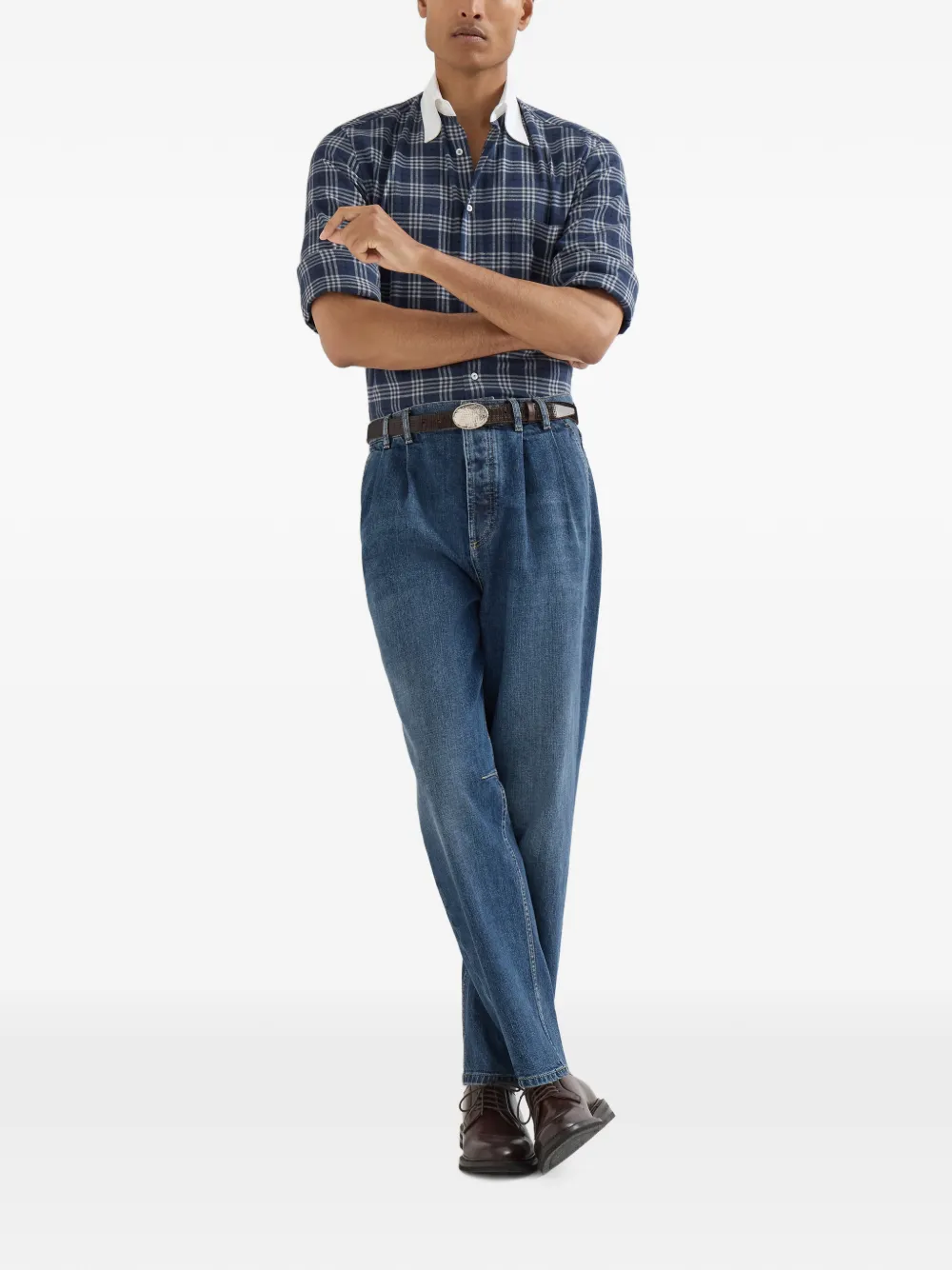 Brunello Cucinelli Comfort denim broek met vijf zakken en dubbele plooien Blauw