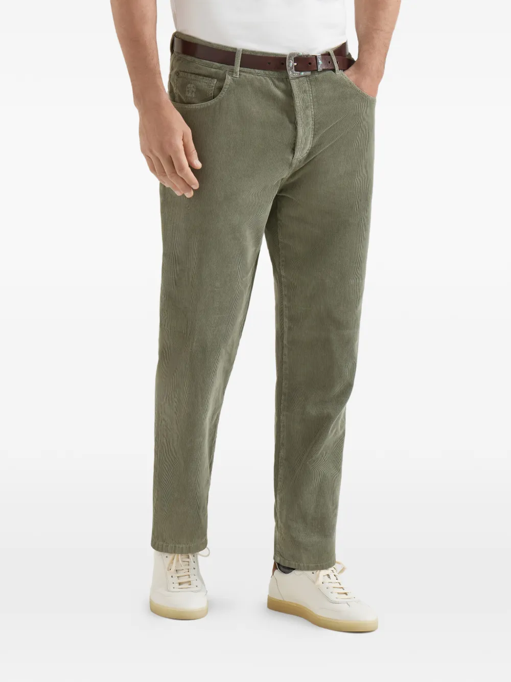 Brunello Cucinelli Ribfluwelen katoenen broek met geverfd effect Groen