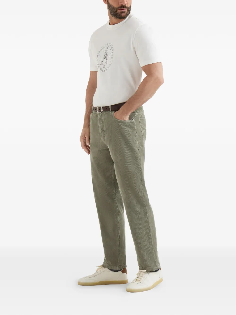 Brunello Cucinelli Ribfluwelen katoenen broek met geverfd effect Groen