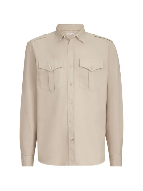 Brunello Cucinelli garment-dyed shirt in cotton chevron with spread collar, epaulettes and chest pockets