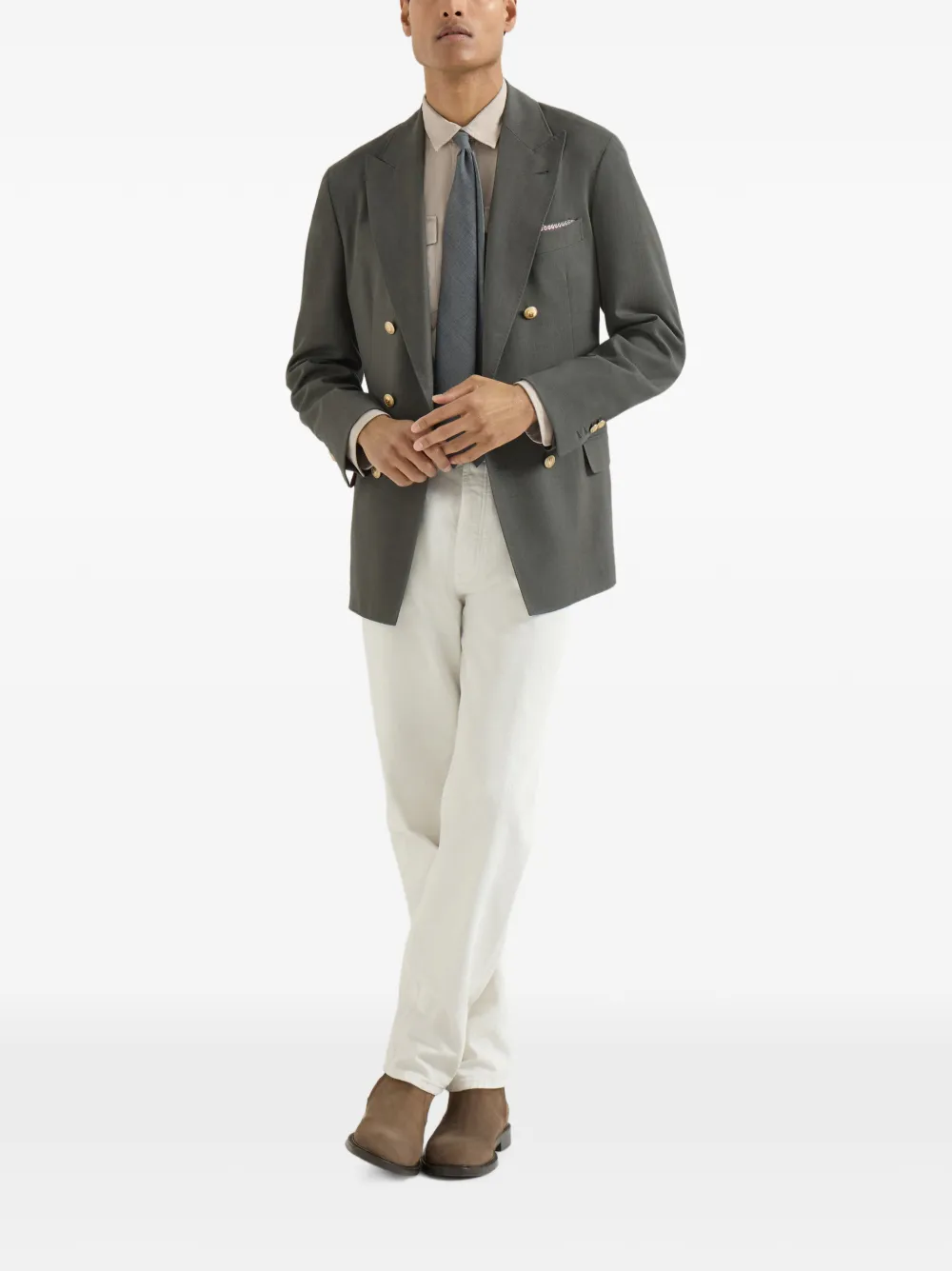 Brunello Cucinelli Katoenen overhemd met geverfd effect en chevron-streep gespreide kraag epauletten en borstzakken Beige