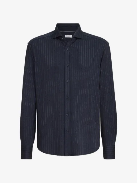 Brunello Cucinelli 스피드 칼라 버진 울 실크 앤 코튼 초크 스트라이프 피케 셔츠