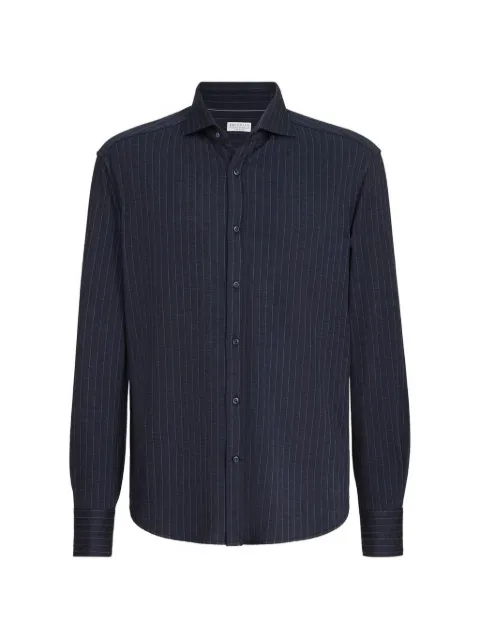Brunello Cucinelli virgin wool, silk and cotton chalk stripe piqué shirt with spead collar
