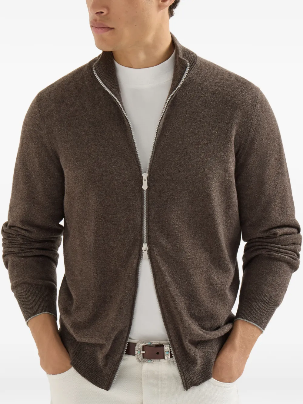 Brunello Cucinelli Kasjmier vest met hoge hals en rits Bruin