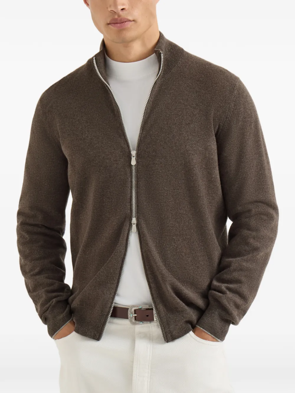Brunello Cucinelli Kasjmier vest met hoge hals en rits Bruin