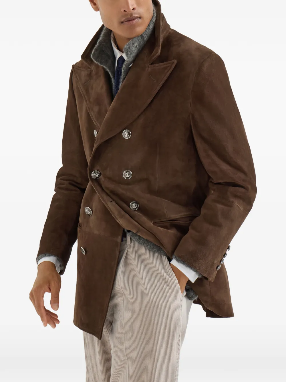 Brunello Cucinelli Suède jack met puntige revers Bruin