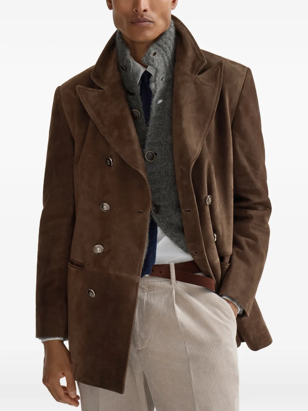 Brunello Cucinelli Suède jack met puntige revers Bruin