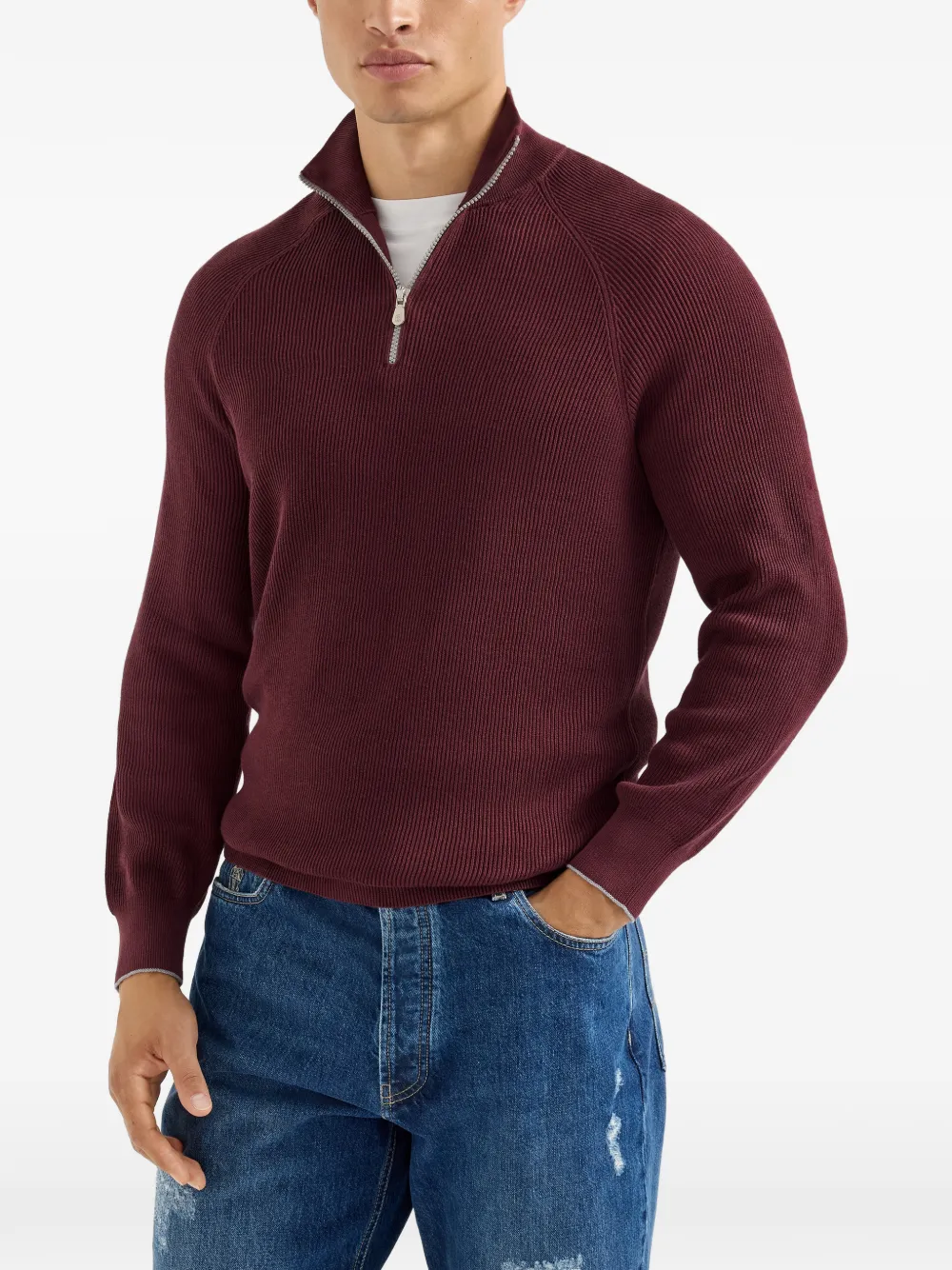 Brunello Cucinelli Katoenen Engelse geribbelde trui met halve rits en raglan mouwen Rood