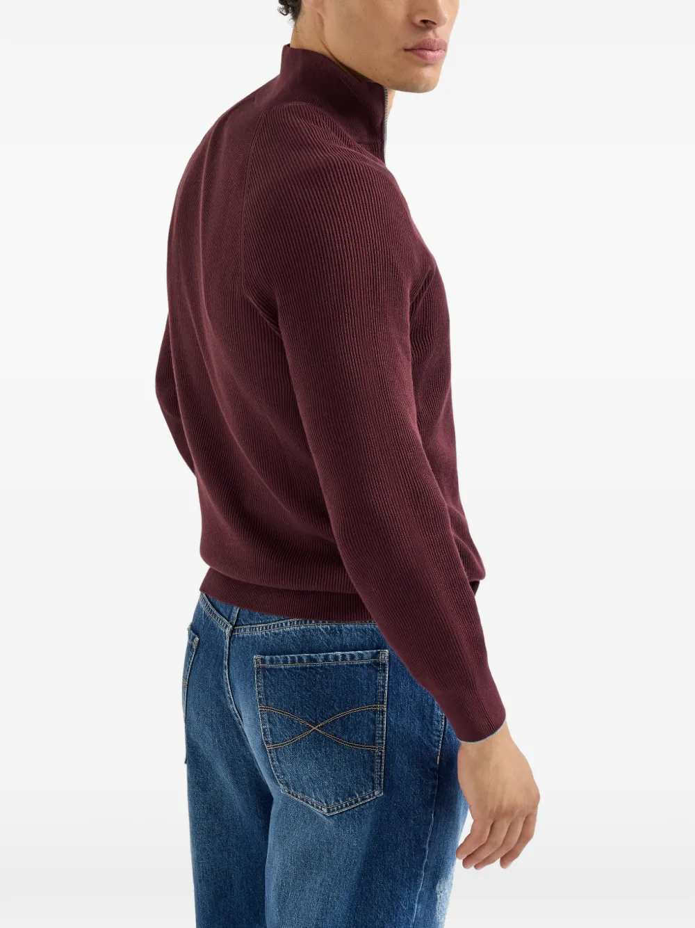 Brunello Cucinelli Katoenen Engelse geribbelde trui met halve rits en raglan mouwen Rood