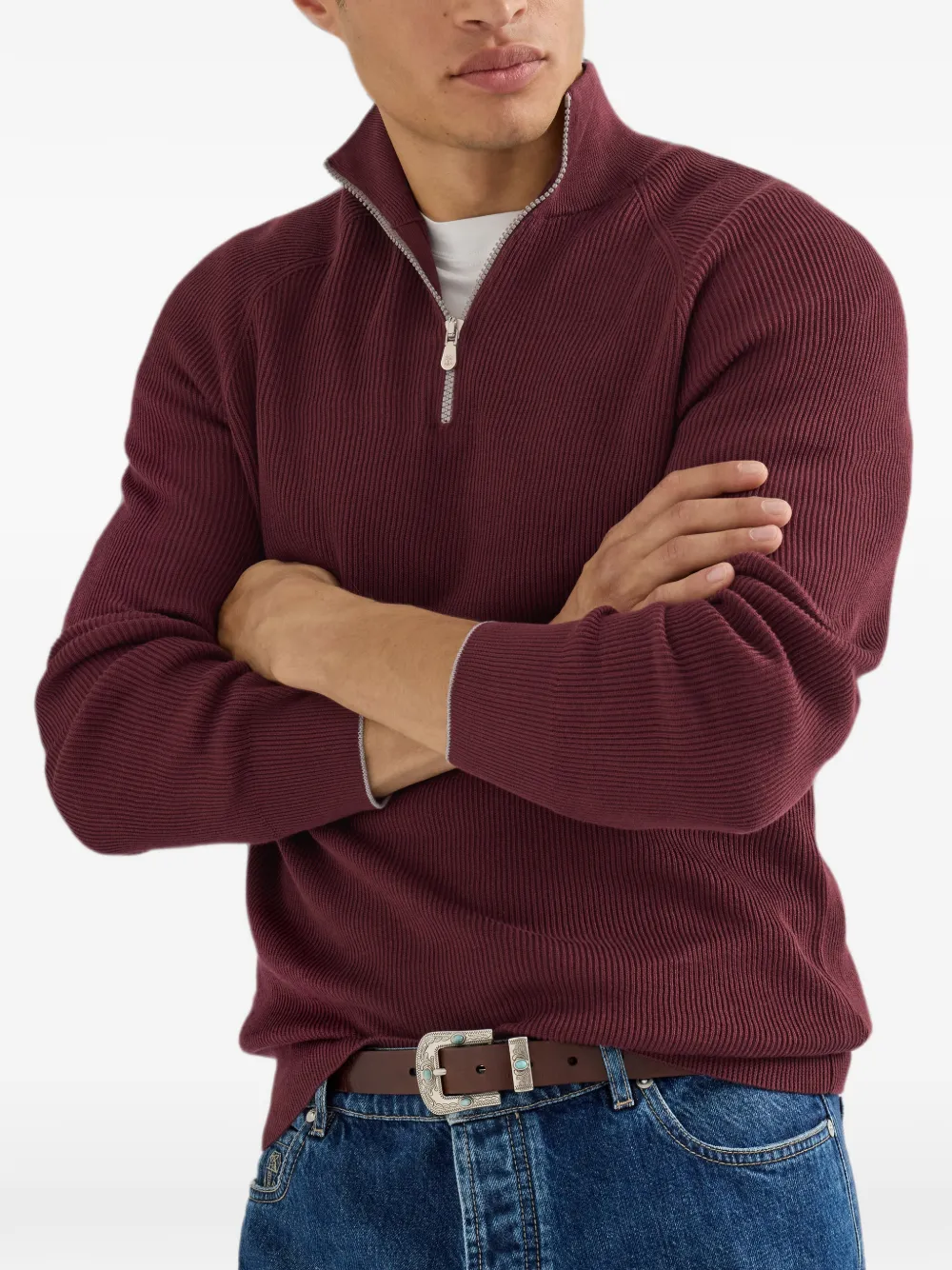 Brunello Cucinelli Katoenen Engelse geribbelde trui met halve rits en raglan mouwen Rood