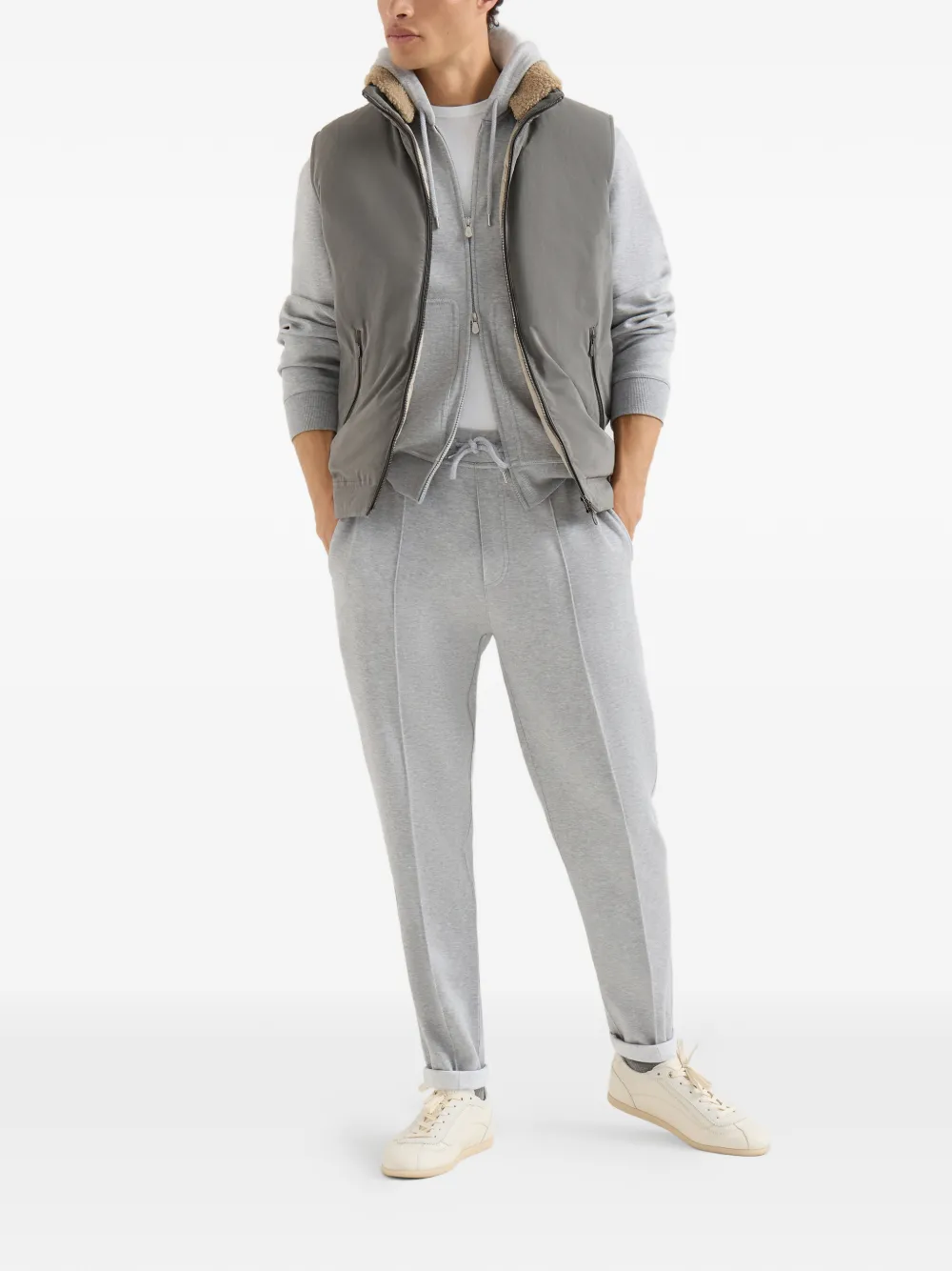  Brunello Cucinelli Gilet Imbottito In Cotone Tecnico Con Finitura Cerata E Cappuccio Rimovibile - Grigio 