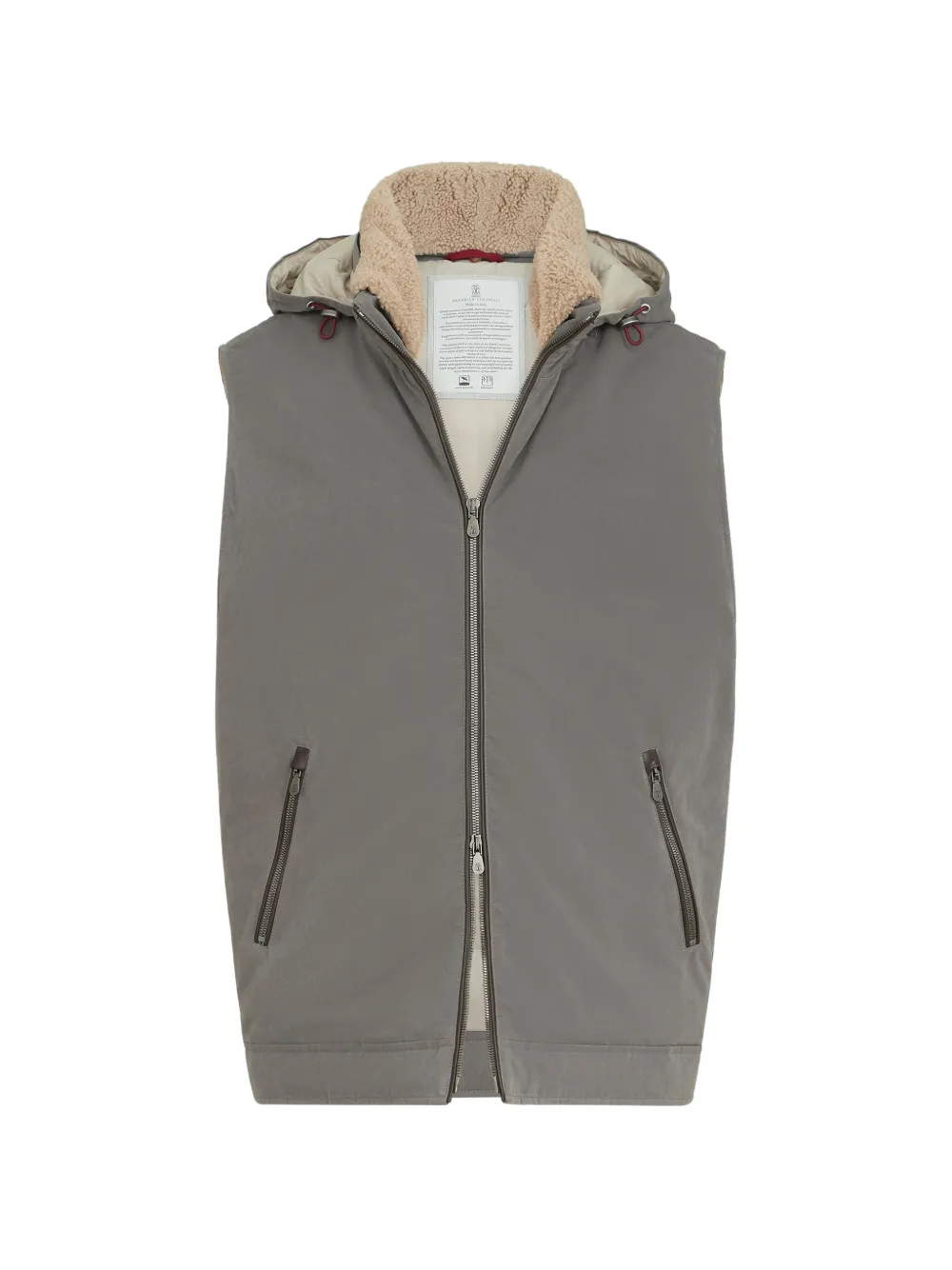 Brunello Cucinelli waxed techno-cotton down vest with detachable hood - Grey