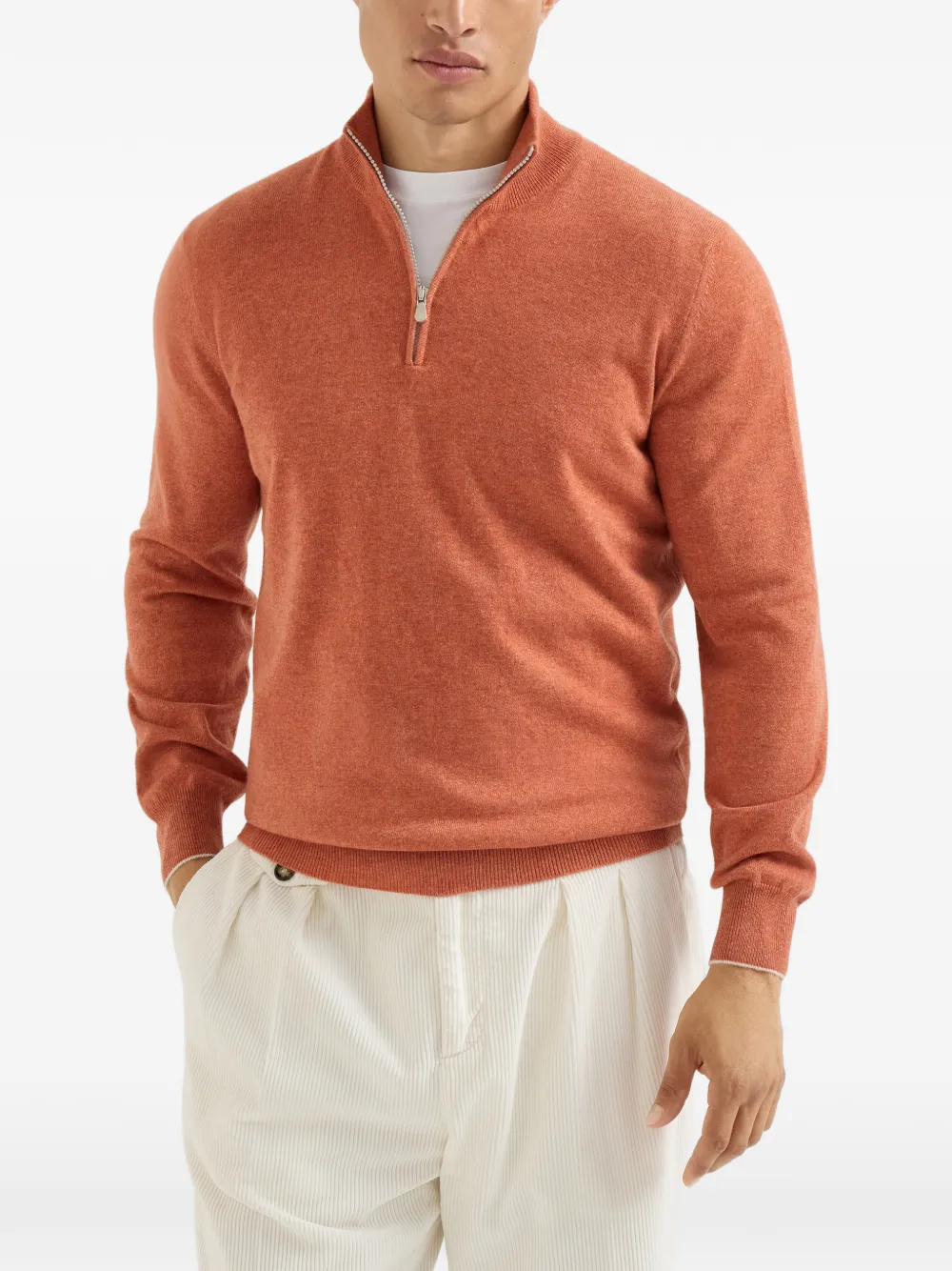 Brunello Cucinelli Kasjmier trui met halve rits Oranje