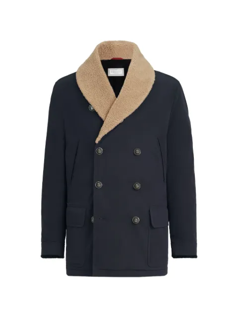 Brunello Cucinelli bonded nylon double-breasted coat with shearling lining