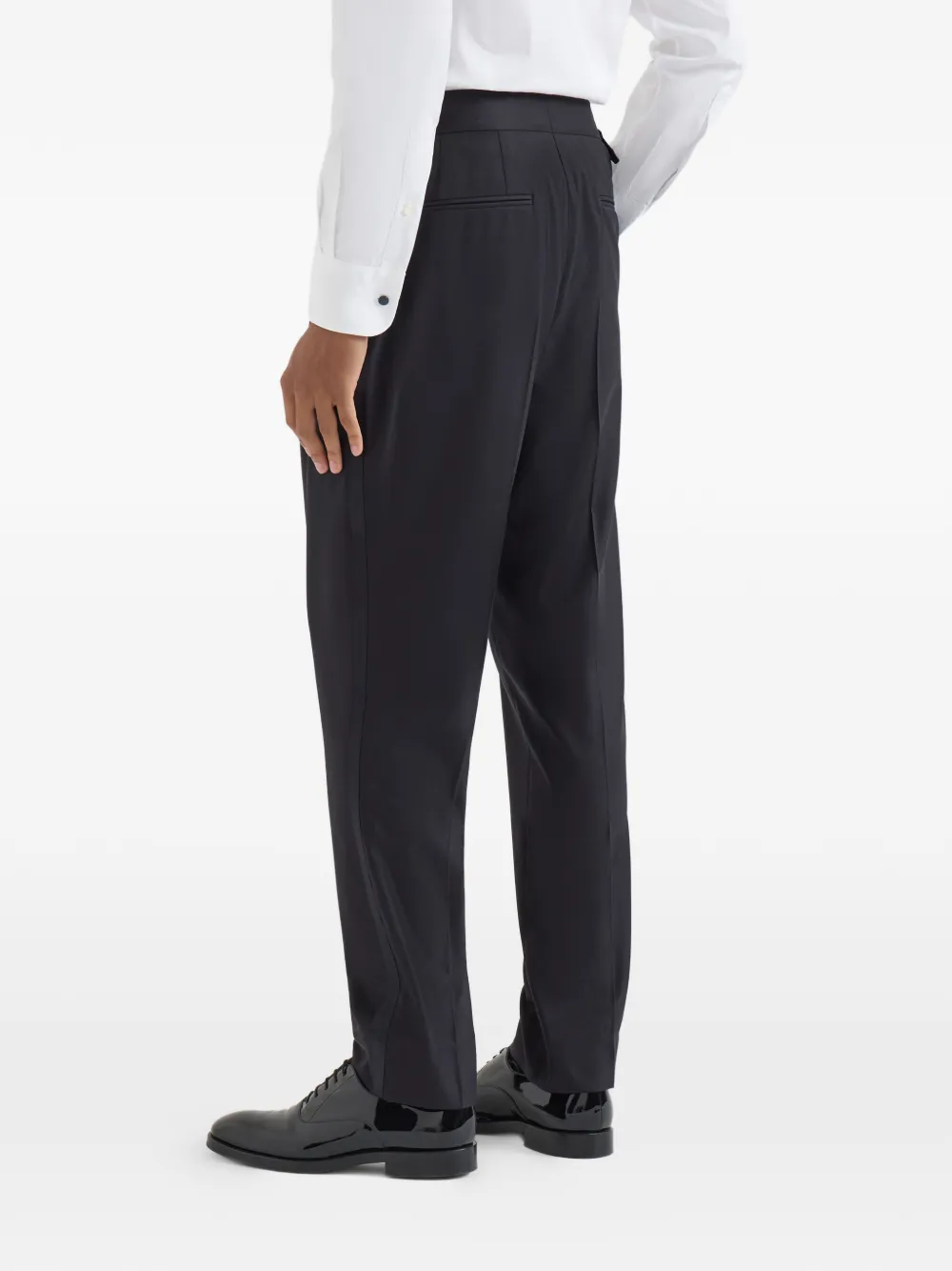 Brunello Cucinelli Scheerwollen en zijden twill smoking pantalon met dubbele plooien en taille tabs Zwart