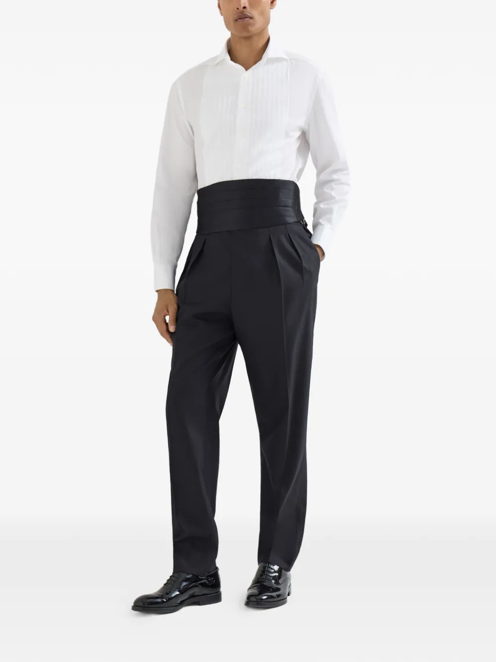  Brunello Cucinelli Pantaloni Da Smoking In Twill Di Lana Vergine E Seta Con Pieghe E Applicazioni In Vita - Nero 