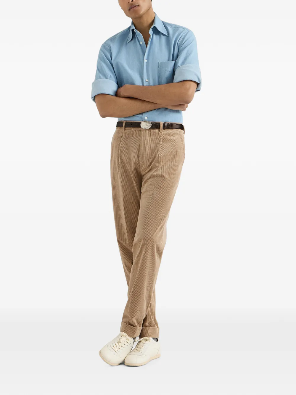 Brunello Cucinelli Comfort katoenen en kasjmier ribfluwelen broek met plooi Beige