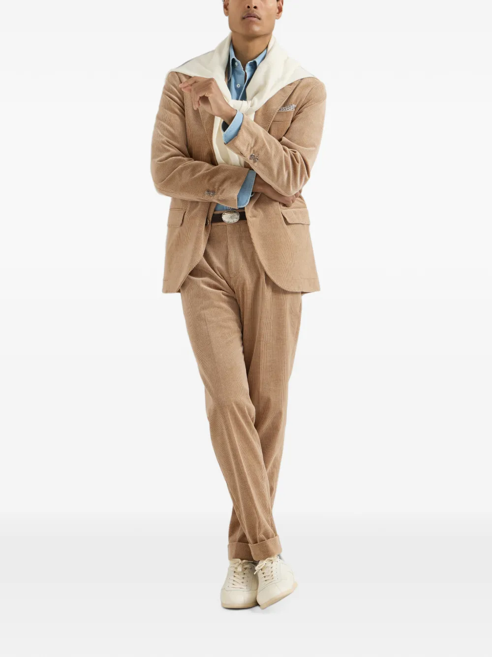 Brunello Cucinelli Comfort katoenen en kasjmier ribfluwelen broek met plooi Beige