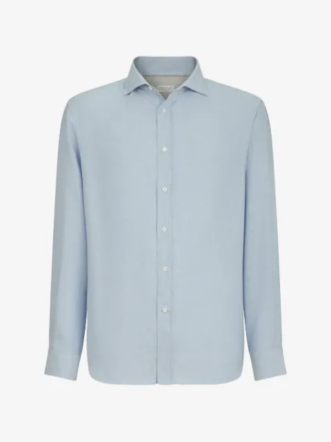 Brunello Cucinelli cotton and cashmere denim-effect diagonal shirt with spread collar