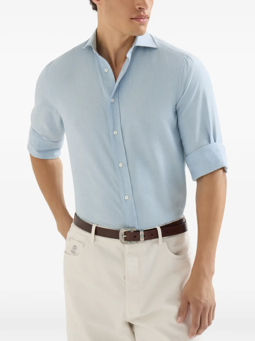 Brunello Cucinelli Katoenen en kasjmier overhemd met gespreide kraag en denim-effect Blauw