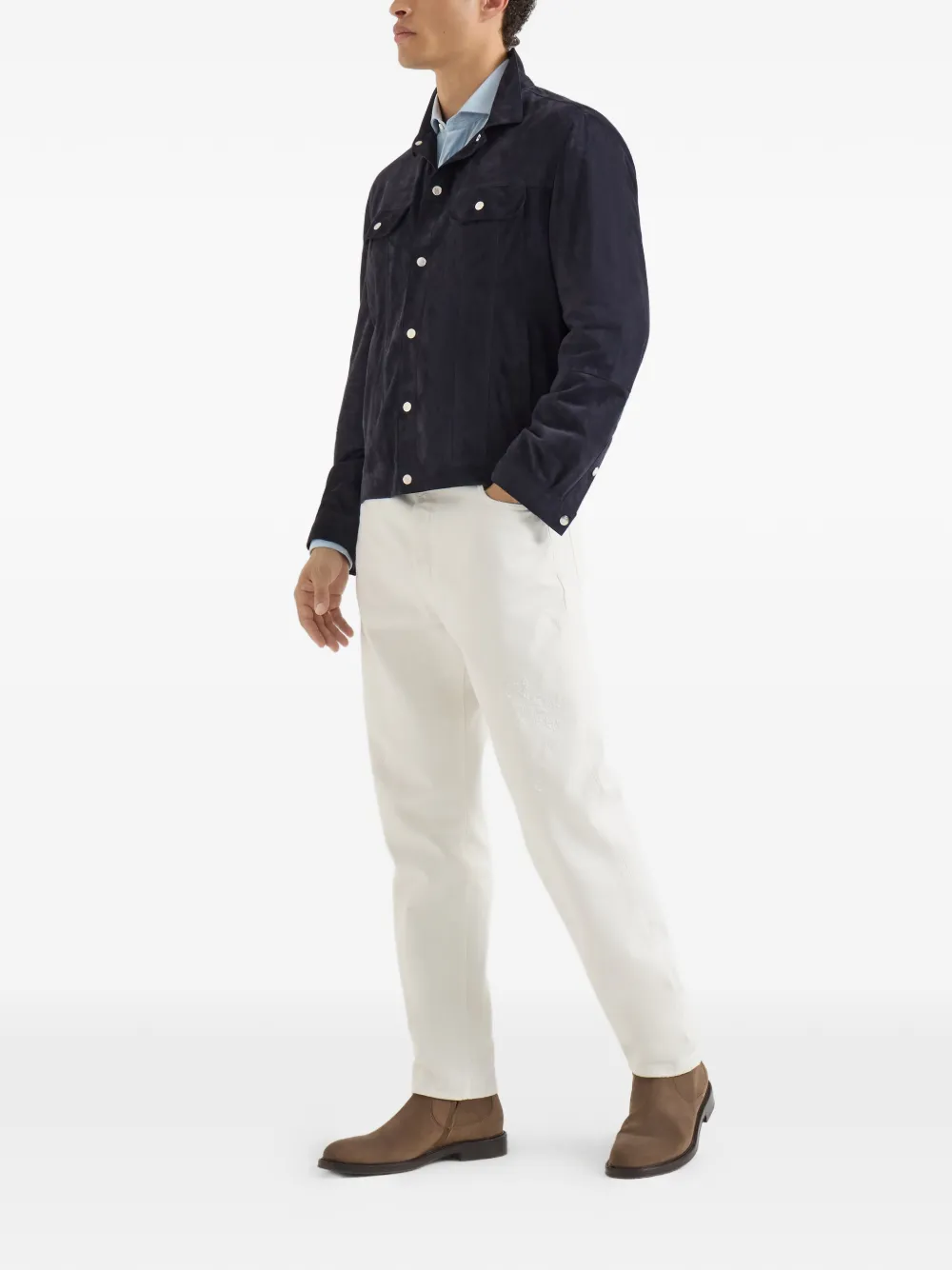 Brunello Cucinelli Katoenen en kasjmier overhemd met gespreide kraag en denim-effect Blauw