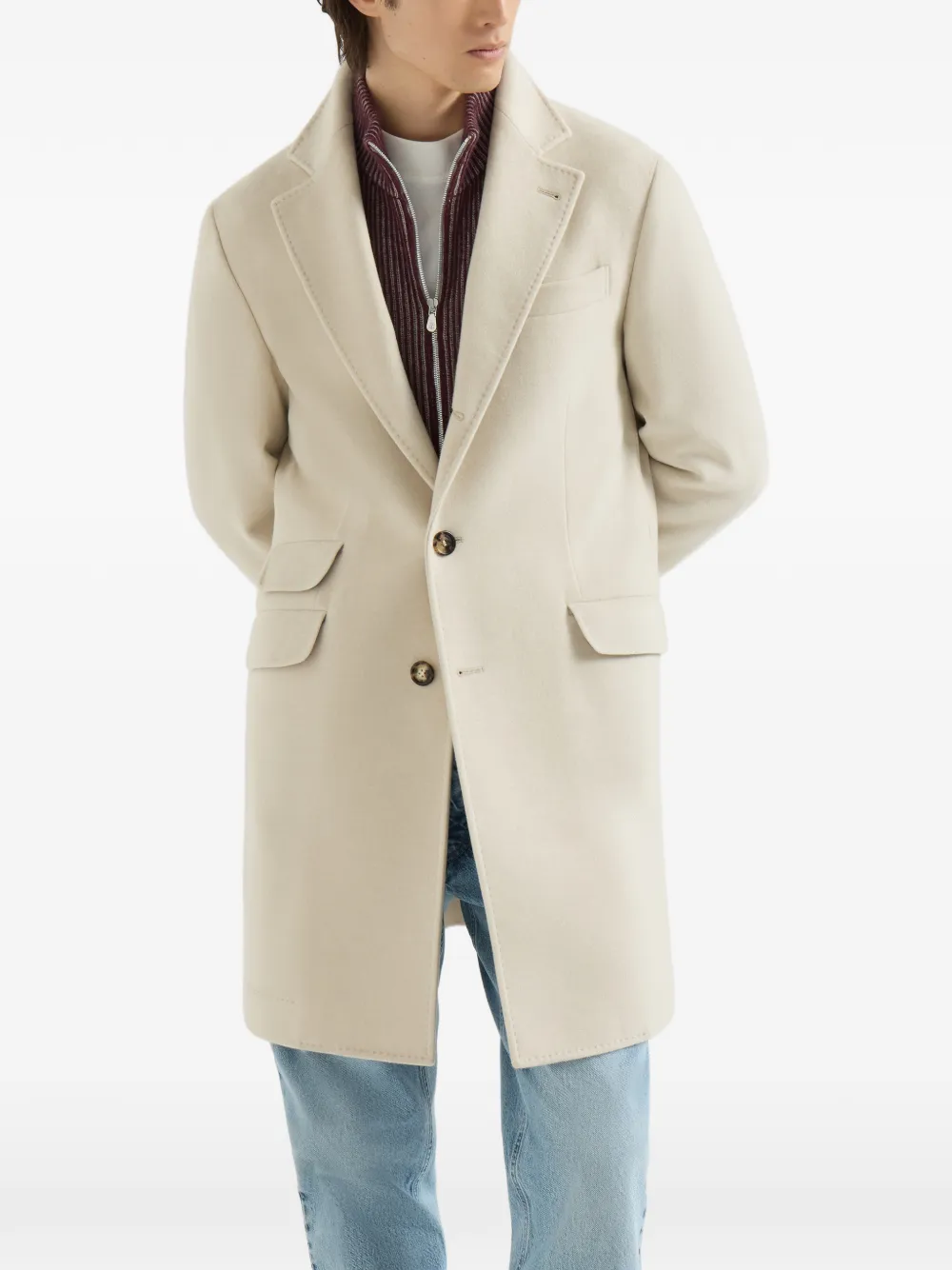 Brunello Cucinelli Lichtgewicht waterbestendige kasjmier jas met dubbele openingen Beige