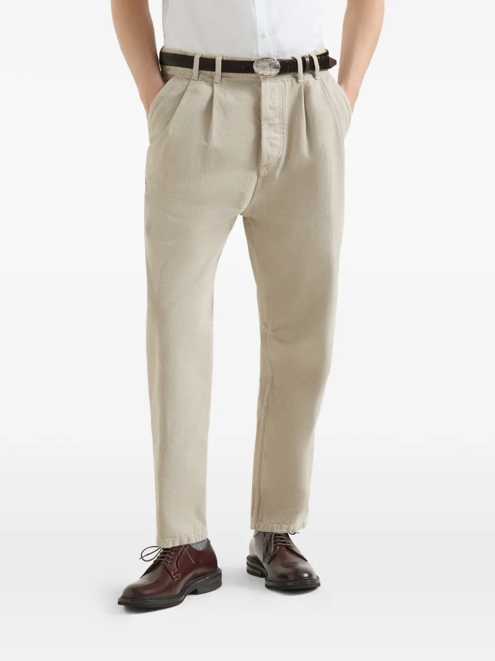 Brunello Cucinelli Denim plooibroek met vijf zakken en geverfd effect Beige
