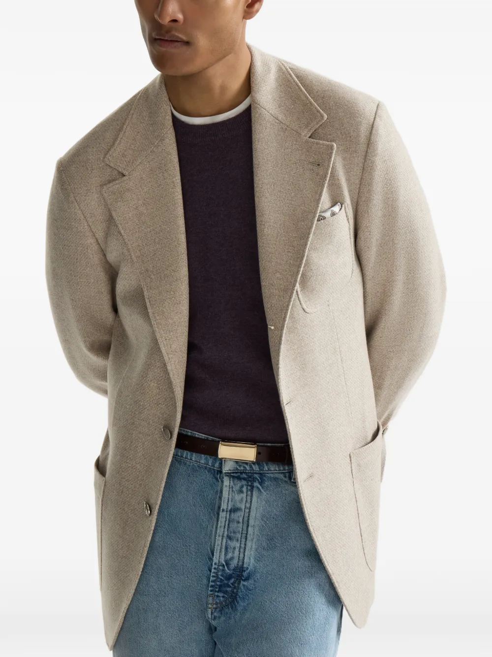 Brunello Cucinelli Kasjmier-Panama gedeconstrueerde blazer met opgestikte zakken en metalen knopen Beige