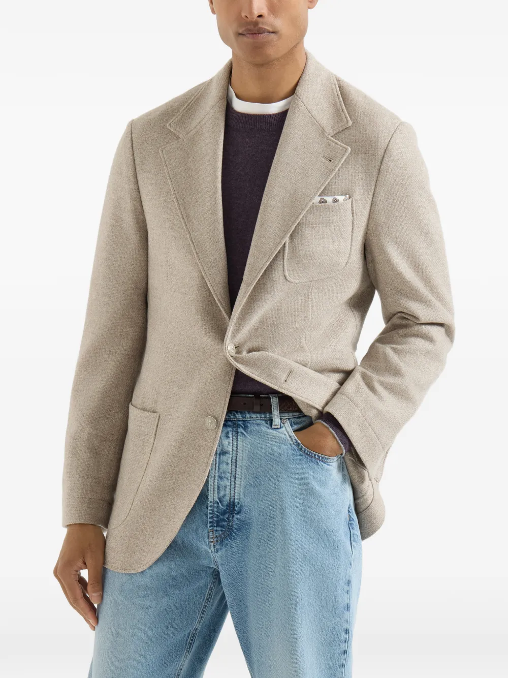 Brunello Cucinelli Kasjmier-Panama gedeconstrueerde blazer met opgestikte zakken en metalen knopen Beige