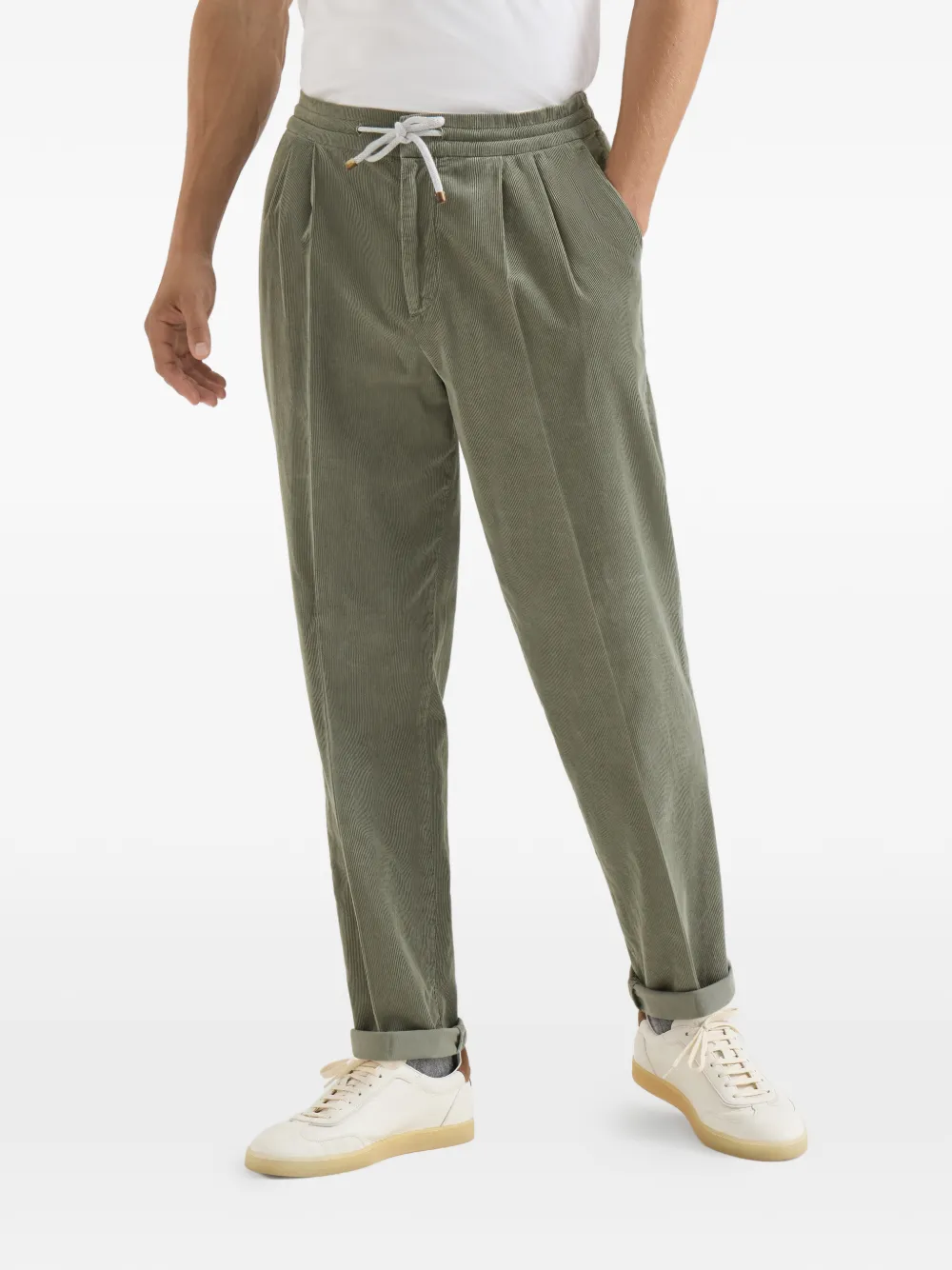 Brunello Cucinelli Katoenen fijngebreide ribfluwelen broek met trekkoord en dubbele plooien Groen