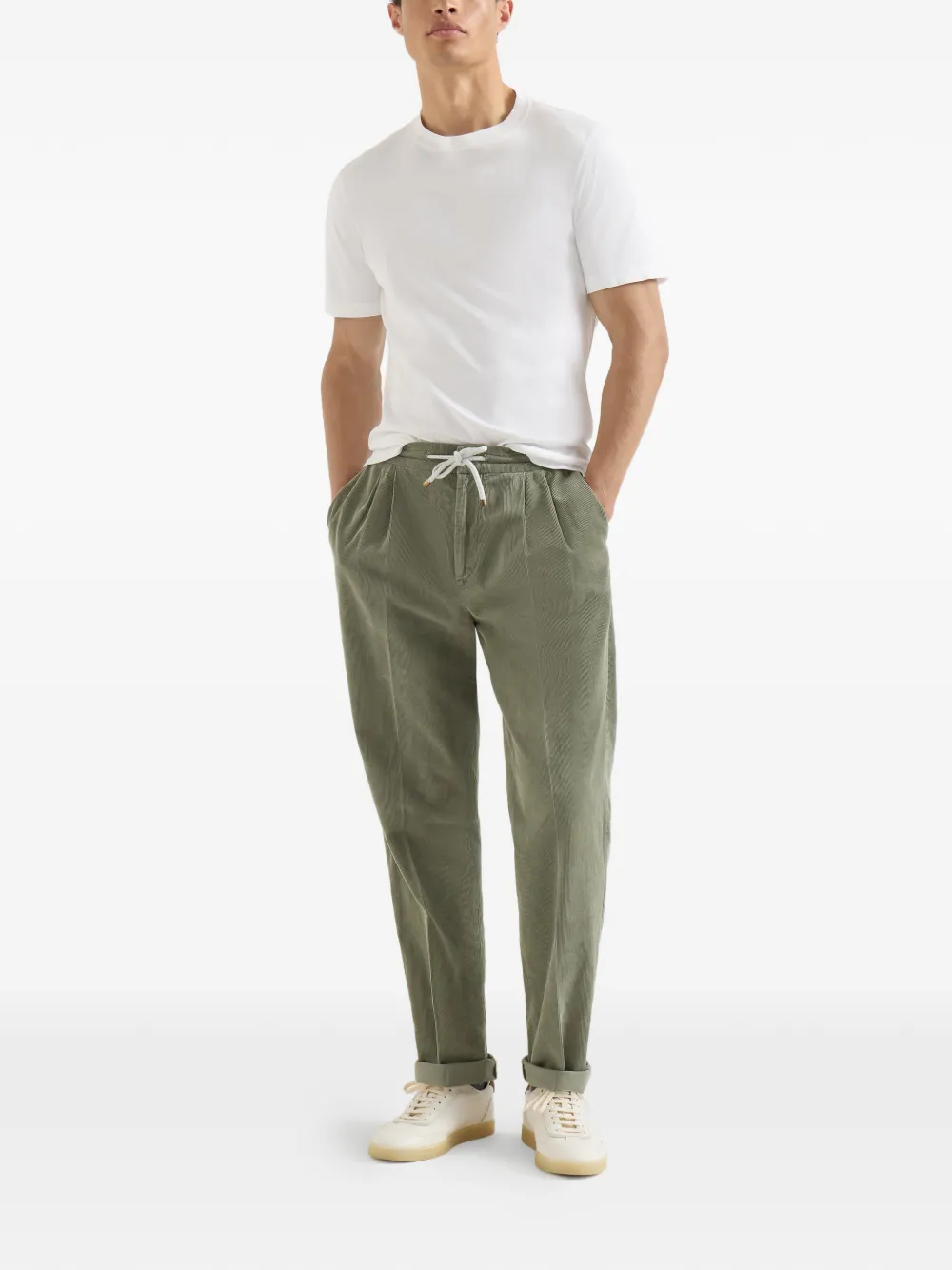  Brunello Cucinelli Garment-dyed Trousers In Cotton Narrow-wale Corduroy With Drawstring And Double Pleats - Vert 