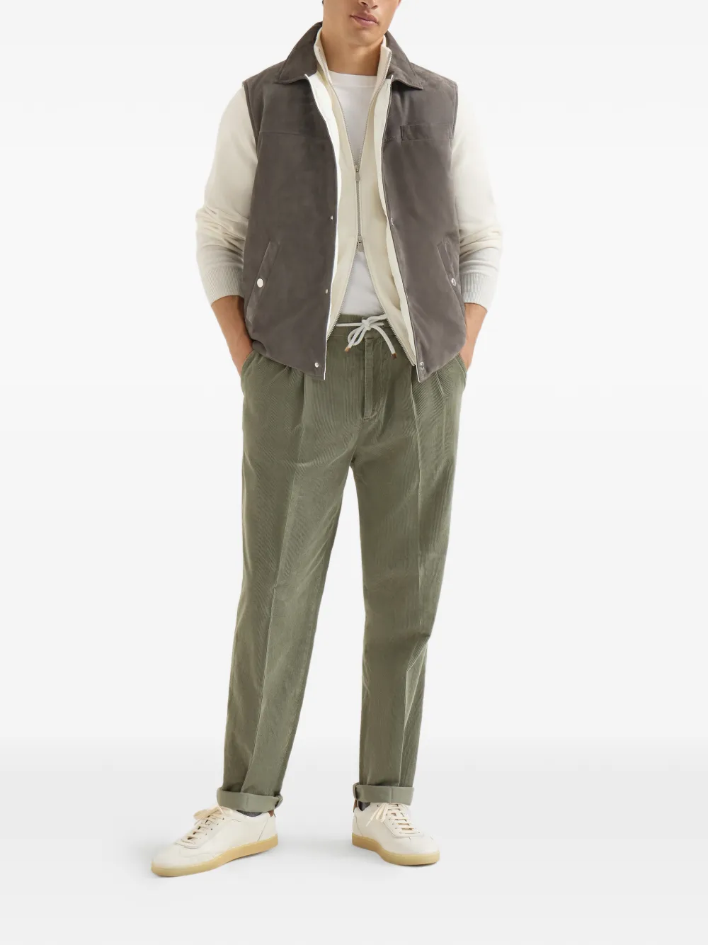  Brunello Cucinelli Garment-dyed Trousers In Cotton Narrow-wale Corduroy With Drawstring And Double Pleats - Vert 