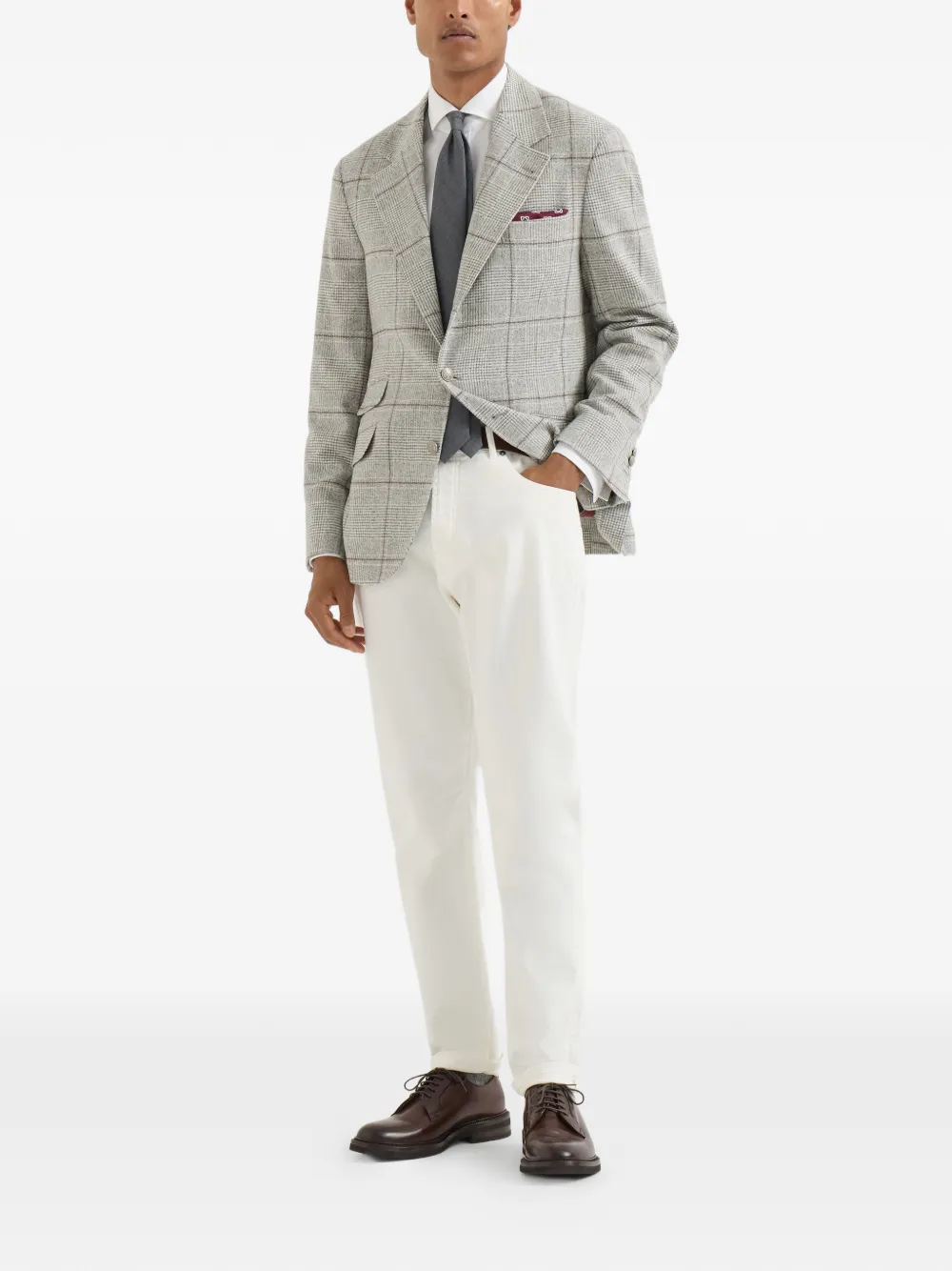  Brunello Cucinelli Silk, Wool And Cashmere Prince-of-wales Flannel Deconstructed Cavallo Blazer With Metal Buttons - Gris 