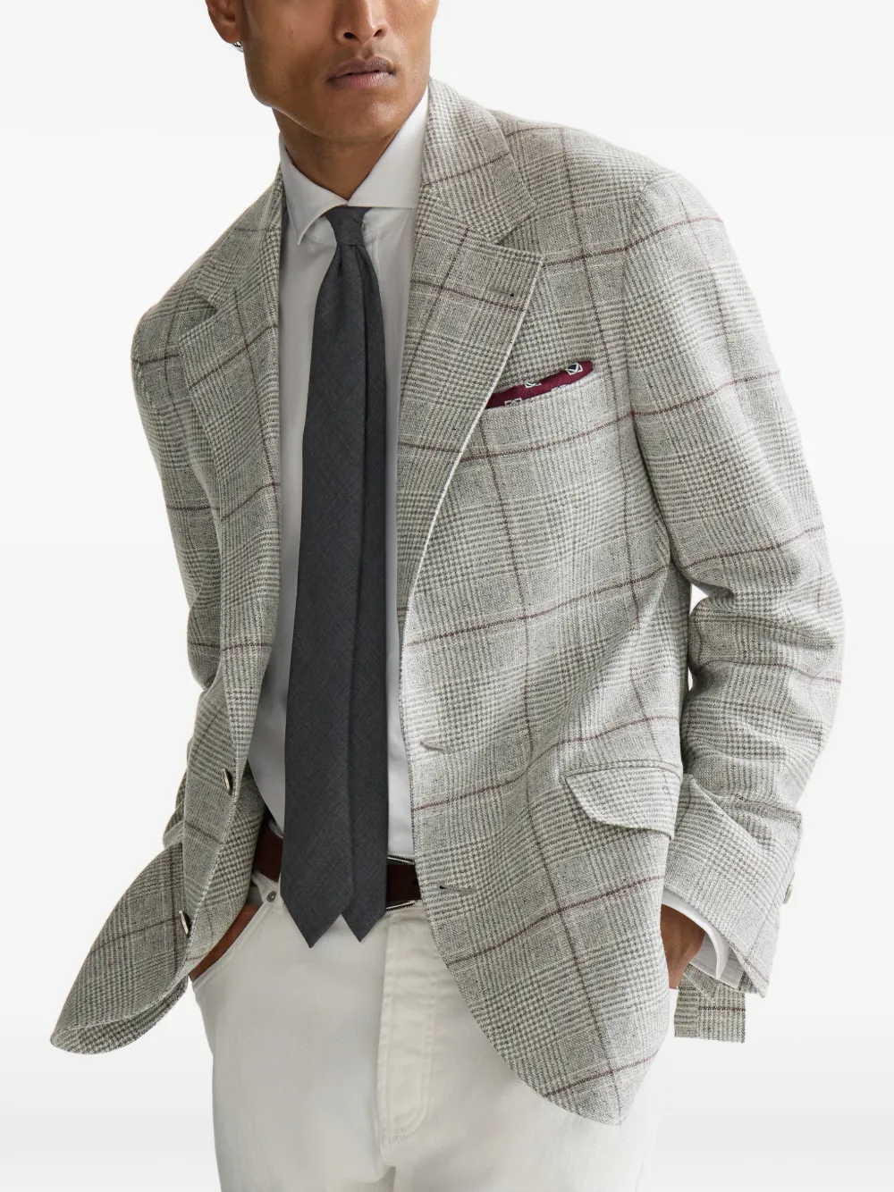  Brunello Cucinelli Silk, Wool And Cashmere Prince-of-wales Flannel Deconstructed Cavallo Blazer With Metal Buttons - Gris 