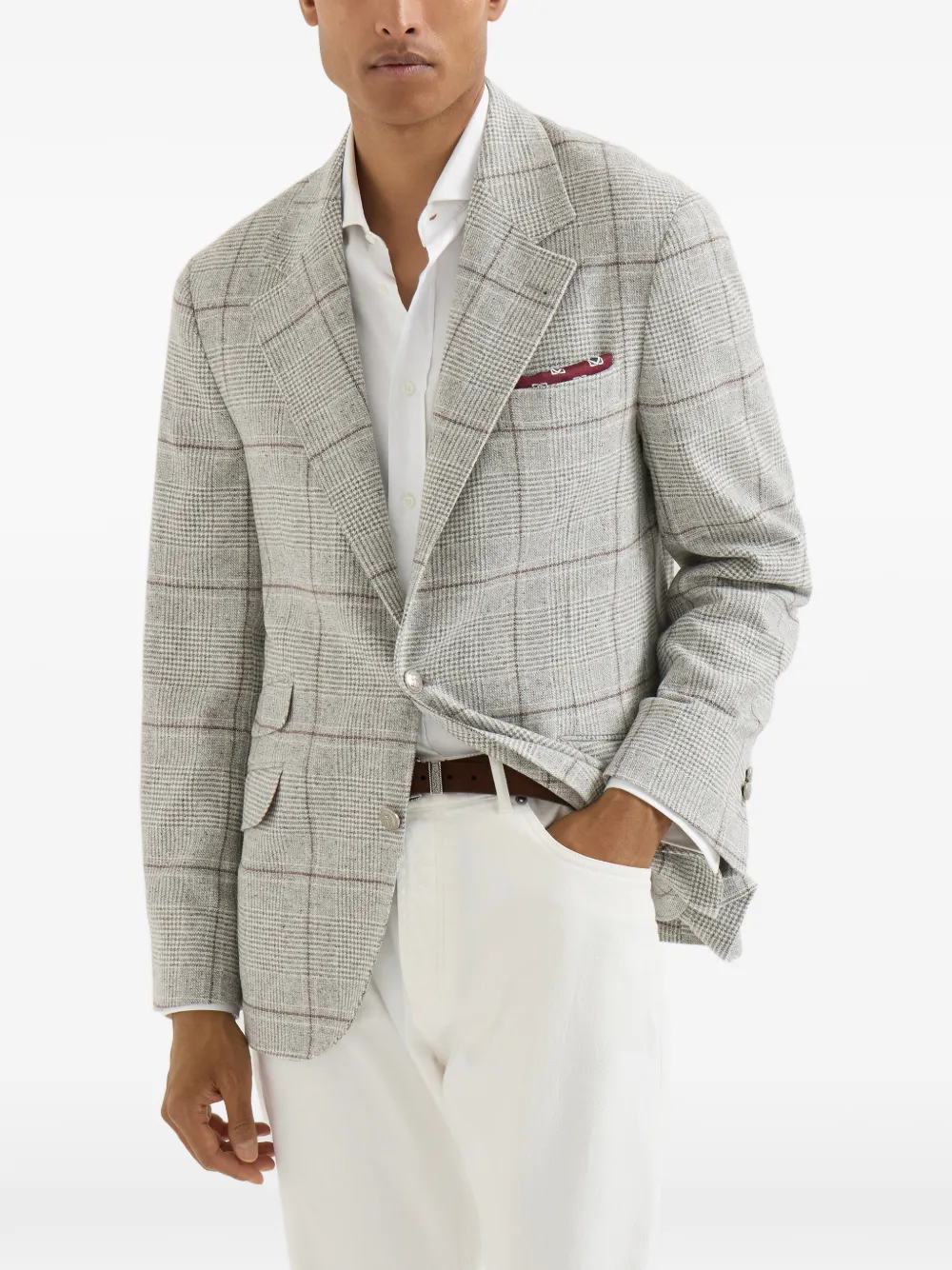 Brunello Cucinelli Zijde wol en kasjmier Prince-of-Wales flanellen gedeconstrueerde Cavallo blazer met metalen knopen Grijs