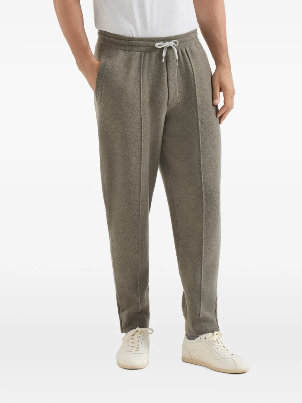 Brunello Cucinelli Kasjmier dubbelgebreide broek met crête-detail en elastische ritsmanchetten Groen