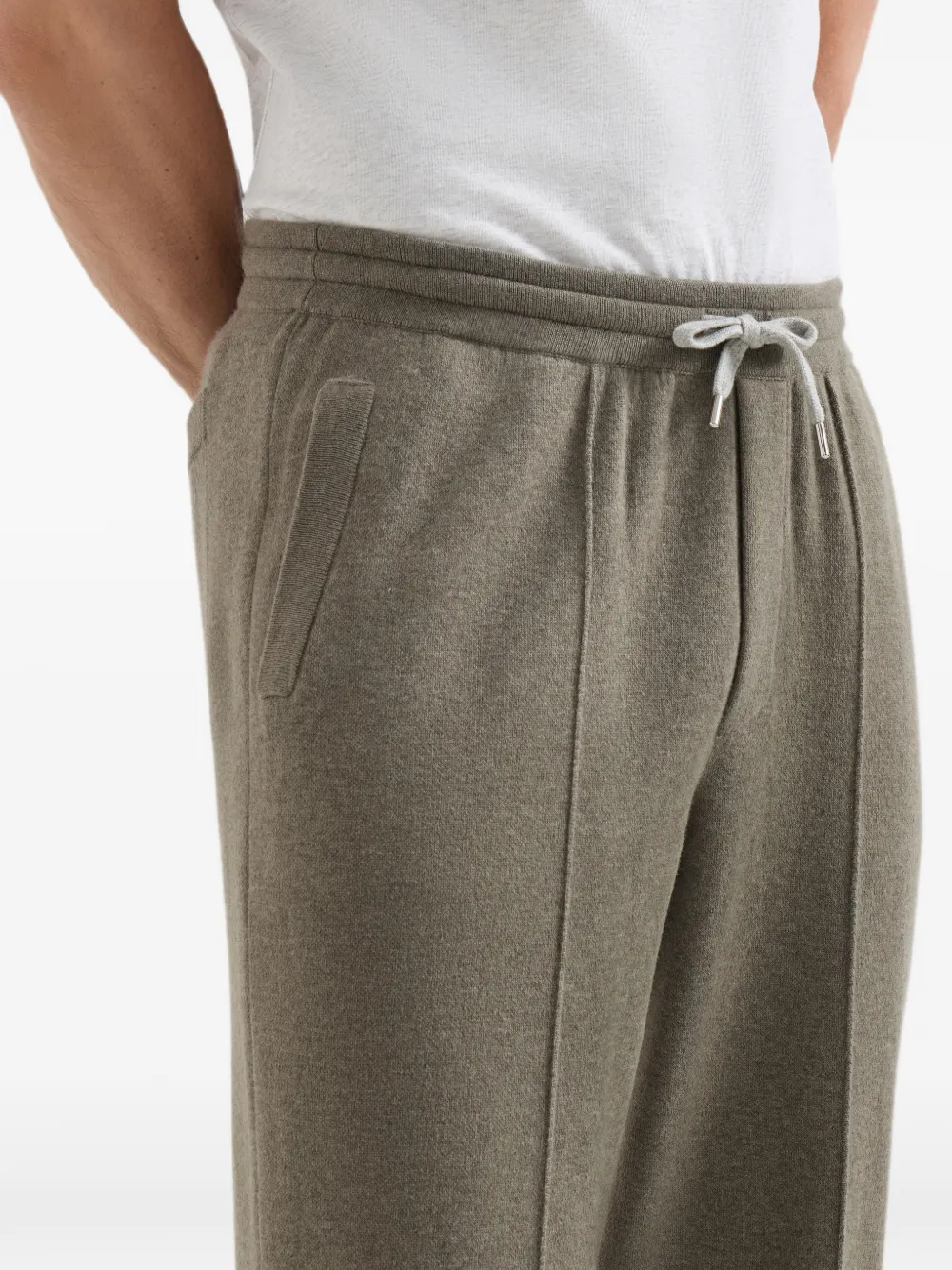 Brunello Cucinelli Kasjmier dubbelgebreide broek met crête-detail en elastische ritsmanchetten Groen
