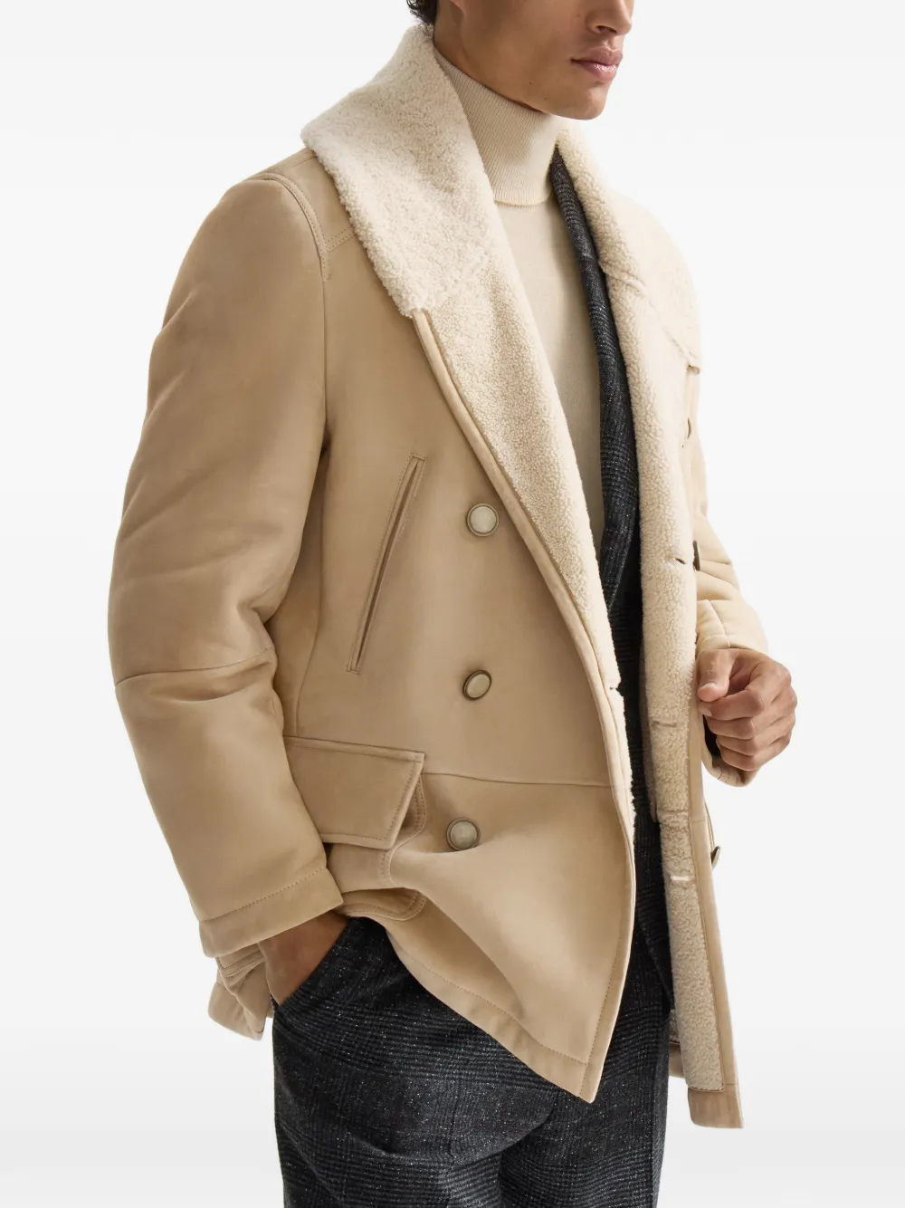 Brunello Cucinelli Suède lammy jas met sjaalkraag Beige