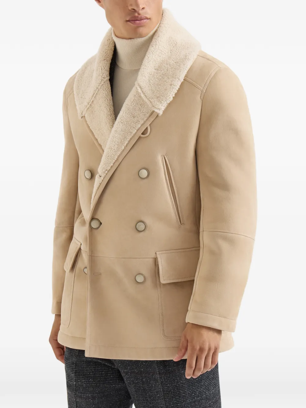 Brunello Cucinelli Suède lammy jas met sjaalkraag Beige