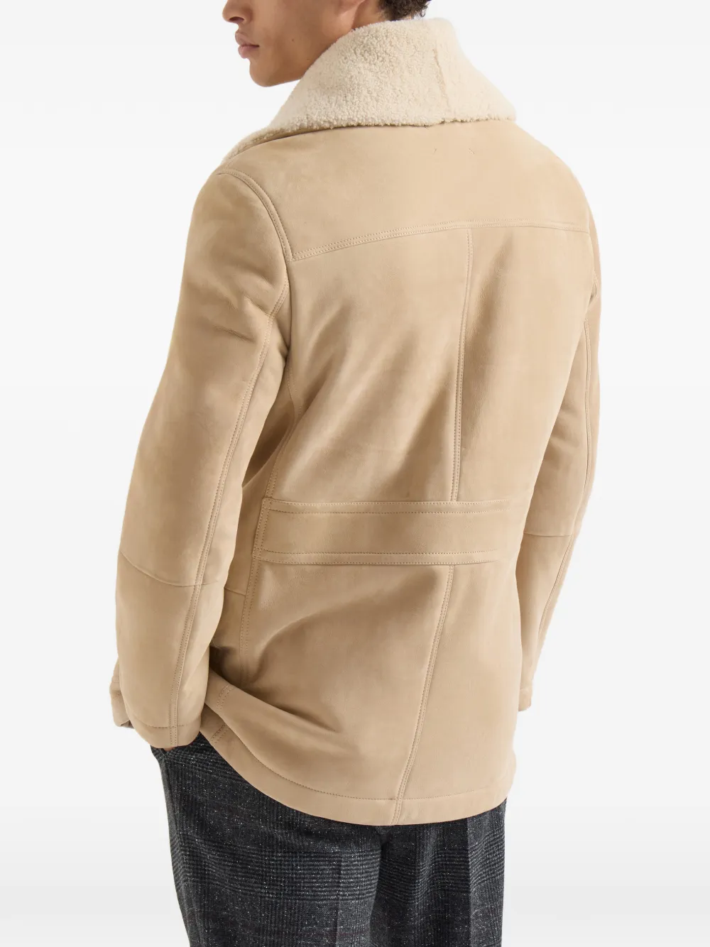 Brunello Cucinelli Suède lammy jas met sjaalkraag Beige