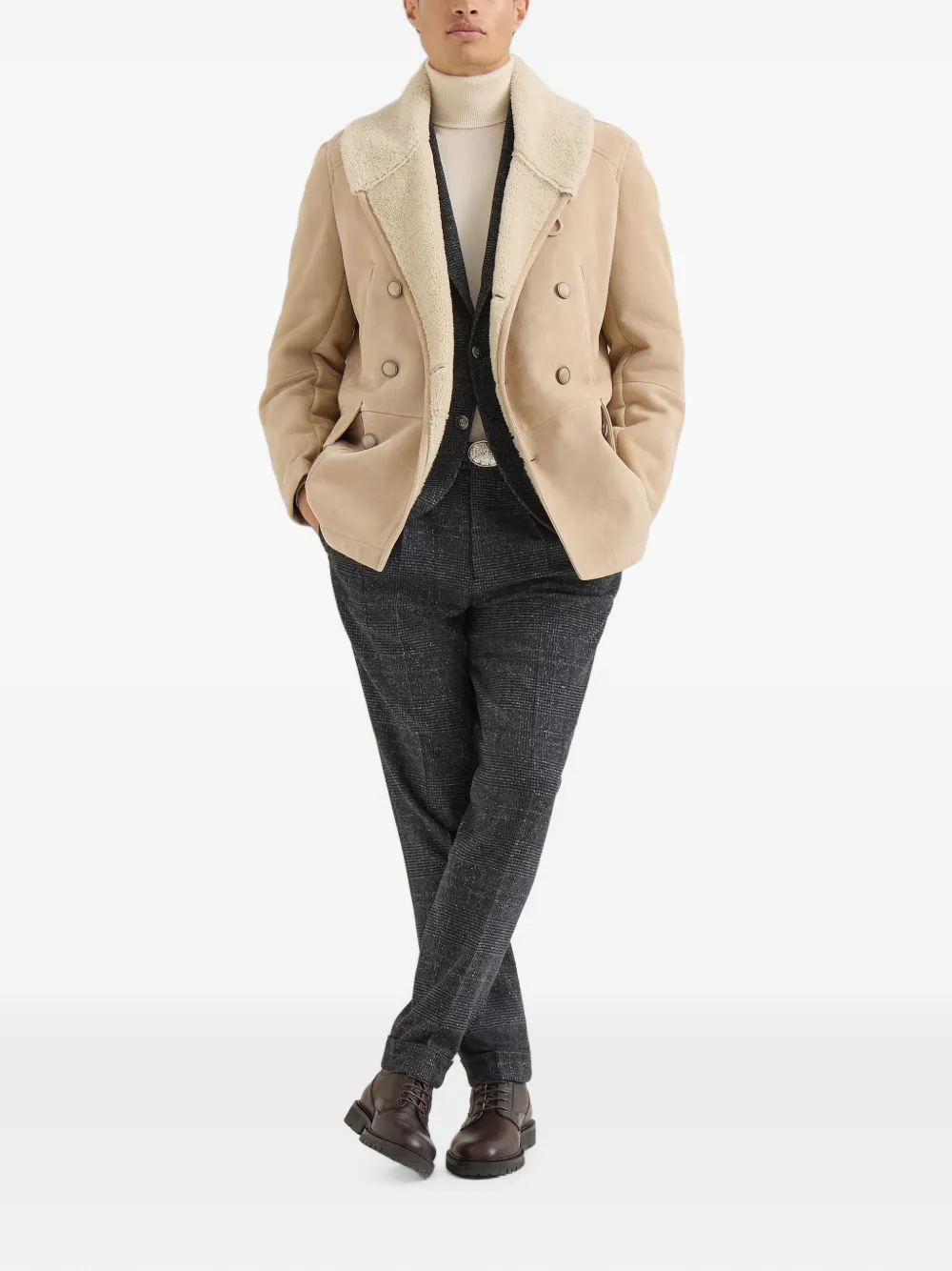 Brunello Cucinelli Suède lammy jas met sjaalkraag Beige