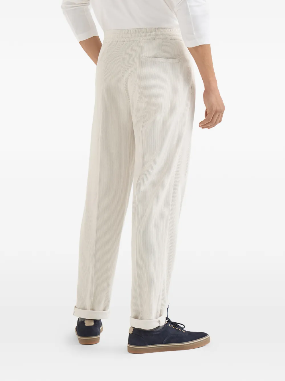 Brunello Cucinelli Katoenen fijngebreide ribfluwelen broek met trekkoord en dubbele plooien Beige